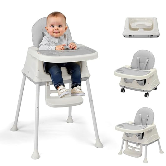 Ktaxon 6-in-1 Baby High Chair, Portable Convertible Highchair with Removable Dual-Layer Tray, 5-Point Safety Harness and Locking Wheels for Toddlers & Babies, Grey