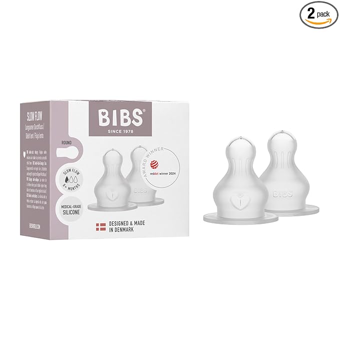 BIBS Bottle Nipple 2-Pack. Anti-Colic. Extra Nipples for BIBS Baby Bottles. Round Nipple. - Silicone, Slow Flow