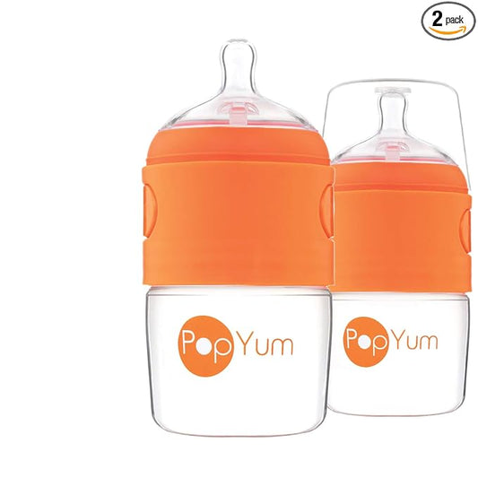 PopYum 5 oz Orange Anti-Colic Formula Making/Mixing/Dispenser Baby Bottles, 2-Pack with #1 Slow Flow Nipples, 150 ml, BPA-Free, Natural Latch