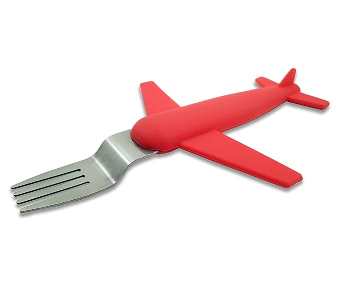 Kids' Airplane Fork & Spoon Set, Stainless Steel & Silicone