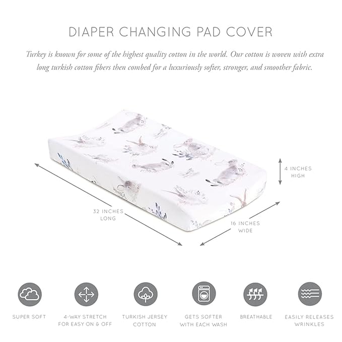 Oilo Changing Pad Cover, Breathable Organic Cotton Fitted Jersey, 300 Thread Count, Machine Washable, Fits Standard Changing Pads (32" x 16"), Girl, Boy, & Neutral Nursery Design, Cottontail
