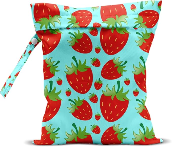 Wet Bag, Wet Dry Bag, Waterproof Swim Bags, Machine Washable Reusable Bags for Beach, Pool, Diapers, and Dirty Yoga Gym Clothes(Blue & Red Strawberry Print