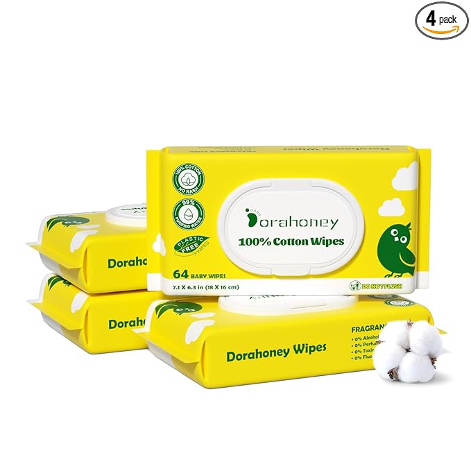 100% USA Cotton Baby Wipes, 99% Purified Water Unscented Wet Wipes for Sensitive Skin, Hypoallergenic & Plastic-Free, 256 Count (4 Flip-Top Packs of 64)