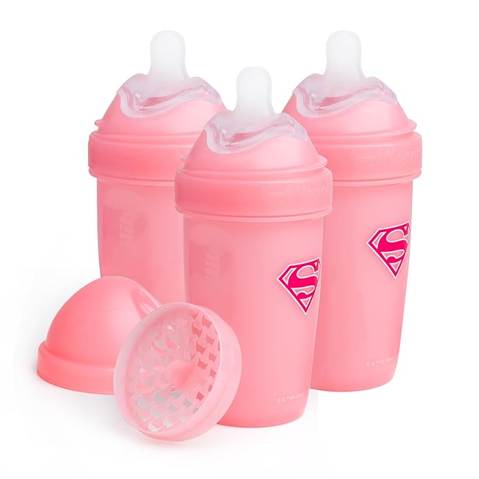 Supergirl DC Comics - Herobility Double Anti-Colic Baby Bottles – 8.5 fl oz/240ml – 3-Pack & Medium Silicone Nipples – Pack of 3