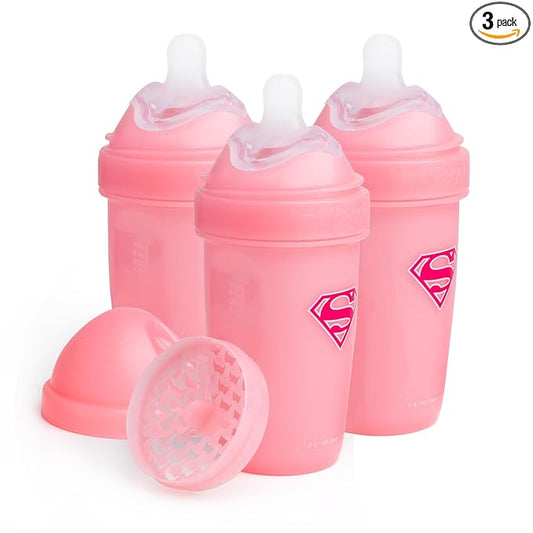 Herobility Anti-Colic Baby Bottles 8.5 fl oz/240ml - Pack of 3 Plastic Baby Bottles, Medium Flow Plastic Bottles, Breast-Shaped Teat for Breastfed Babies, Swedish Design, Supergirl