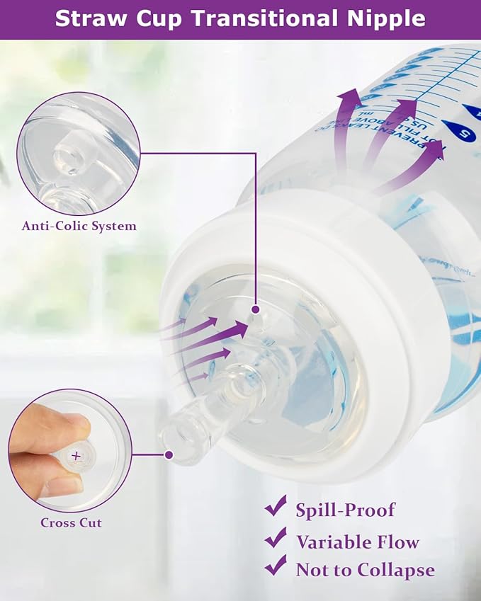 Sippy Straw Nipples for Dr. Brown's Wide-Neck Baby Bottles and Sippy Spout Bottles,Variable Flow, Silicone Conversion Nipple,6+ Months,4 Count