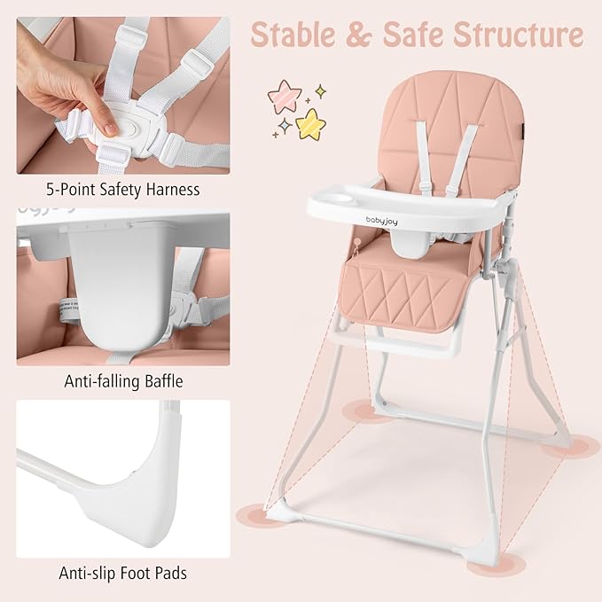 BABY JOY Foldable High Chair, Portable Highchairs for Babies and Toddlers with 3-Position Adjustable Tray & Footrest, Removable Seat Cushion, 5-Point Safety Harness, Space Saving Design (Pink)