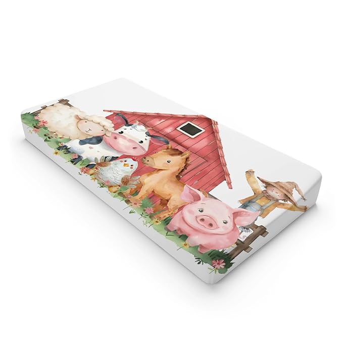 Watercolor Farm Animals Cow Chicken Horse Sheep Flowers Floral Baby Changing Pad Cover, Unisex Farm Life Theme Nursery Diaper Changing Table Pad Mat Sheet for Boys Girls-16x32