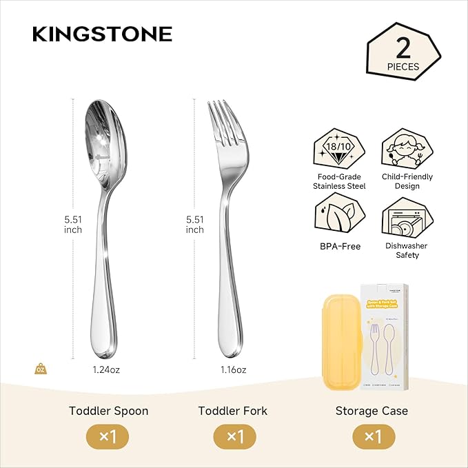 KINGSTONE Toddler Utensils Set, 2-Piece Forks and Spoons, 18/10 Stainless Steel Kids Silverware for Self-Feeding Training, Food-Grade Flatware Set with Storage Case for Traveling, Dishwasher Safe