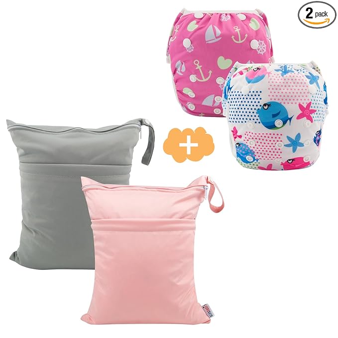 ALVABABY 2pcs Baby & Toddler Swim Diapers with 2pcs Cloth Diaper Wet Dry Bags Waterproof Reusable