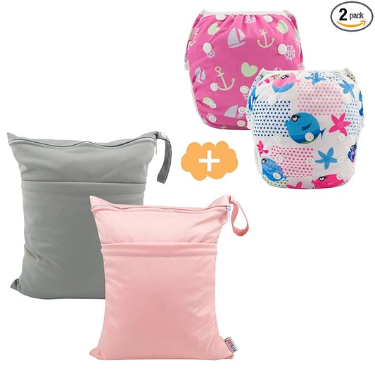 ALVABABY 2pcs Baby & Toddler Swim Diapers with 2pcs Cloth Diaper Wet Dry Bags Waterproof Reusable