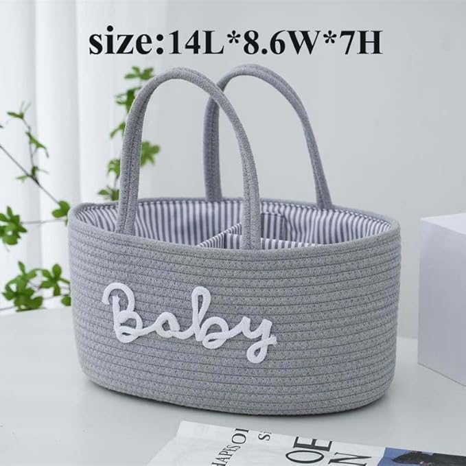 Diaper Caddy Organizer for Changing Table, Cotton Rope Baby Storage Basket for Diaper Wipes, Car Caddy Organizer, Nursery Diaper Organizer With Divider, Portable Diaper Storage -Light Grey