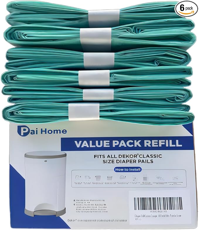 Diaper Refill Liners Compatible with Classic Diaper Pail Refills Holds up to 3480 Diapers (6 Pack) Baby Powder Scent