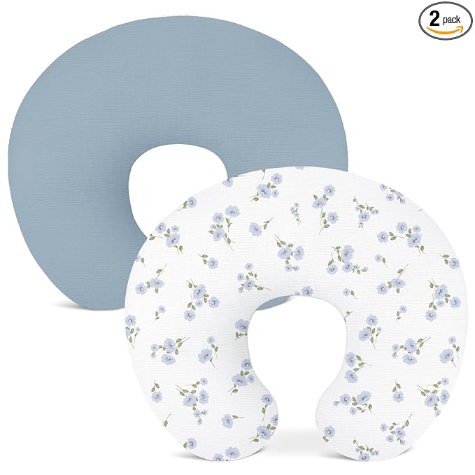 Nursing Pillow Covers 2 Pack, Muslin Nursing Cover for Breastfeeding Pillows, Comfortable for Baby Girls and Boys (Flower I & Light Blue)
