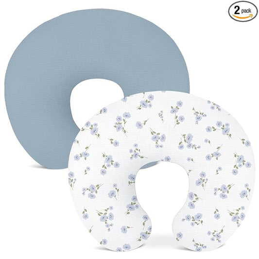 Nursing Pillow Covers 2 Pack, Muslin Nursing Cover for Breastfeeding Pillows, Comfortable for Baby Girls and Boys (Flower I & Light Blue)