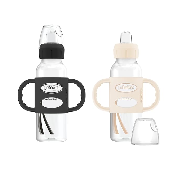 Dr. Brown's Milestones Narrow Sippy Spout Bottle with Silicone Handles 2-Pack, includes Light-Blue & Gray 8oz/250mL 2 Count and Black & Ecru 8oz/250mL 1 Count, 6m+