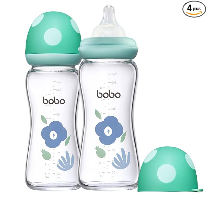 YOHKOH Natural Glass Baby Bottle with Level 2 Medium Flow Nipple, Newborn Anti-Colic Baby Bottles, Wide Neck Mushroom Baby Glass Bottle (Blue, (8.8oz (Pack of 2))