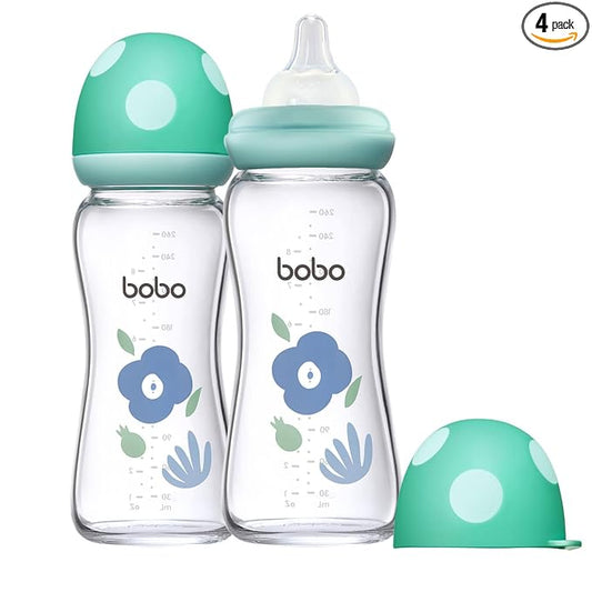 YOHKOH Natural Glass Baby Bottle with Level 2 Medium Flow Nipple, Newborn Anti-Colic Baby Bottles, Wide Neck Mushroom Baby Glass Bottle (Blue, (8.8oz (Pack of 2))