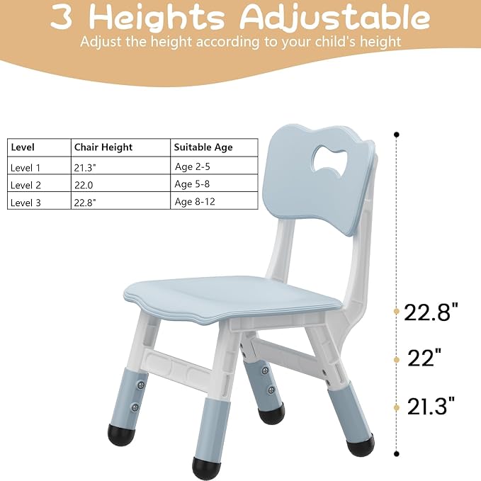 2-Pack Children Plastic Chairs with 3-Level Height Adjustment, Indoor & Outdoor Seat for Kids Ages 2–8, Perfect for Home, Daycare, School & Family Activities