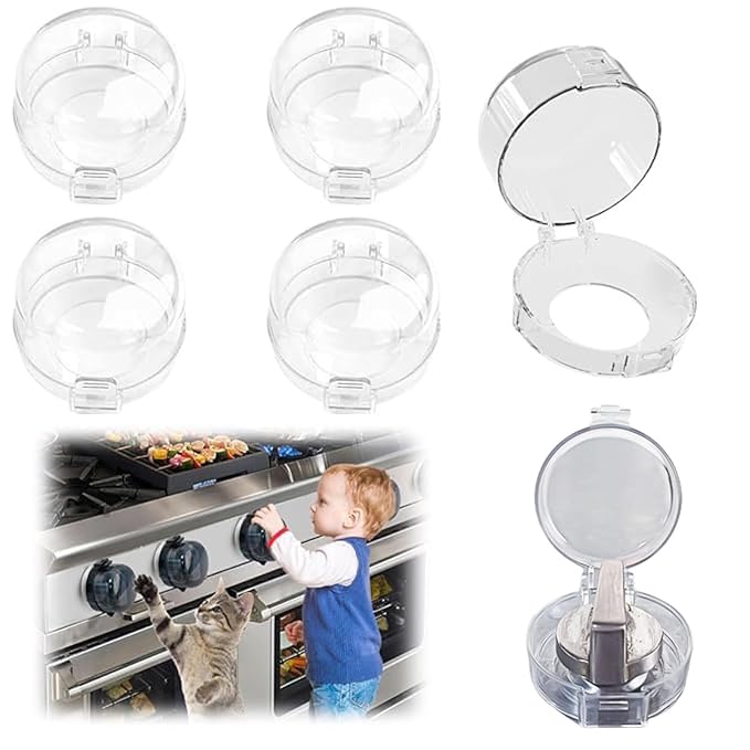 5-Pack Stove Knob Safety Covers, Childproof Gas Stove Knob Locks, Upgraded Dual-Press Design, Universal Fit for Most Stoves,Water/Oil Resistant, High Temperature Resistant (Clear)