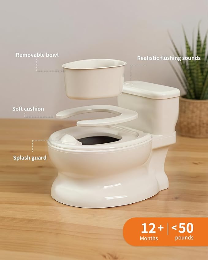 Realistic Potty Training Toilet - Flushing Sounds, Wipes Storage, Disposable Liners, Easy to Clean for Toddler Boys and Girls, White