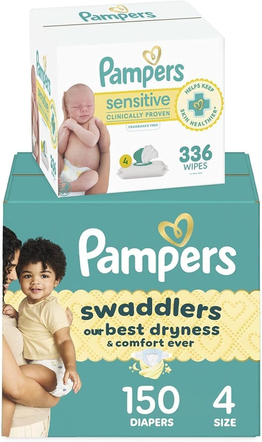 Pampers Swaddlers Disposable Baby Diapers Size 4, 150 Count with Sensitive Water Based Baby Wipes 4X Pop-Top Packs (336 Count)