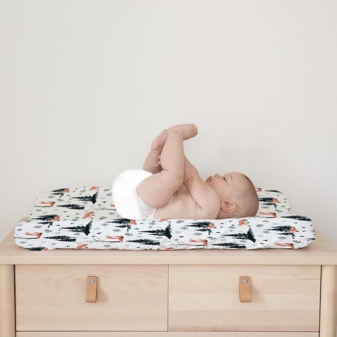 Cute Red Foxes Changing Pad Covers Winter Snow Trees Birds Change Table Pad Cover for Baby Boys Girls Soft Breathable Stretch Diaper Changing Mat Sheets 32''x16''