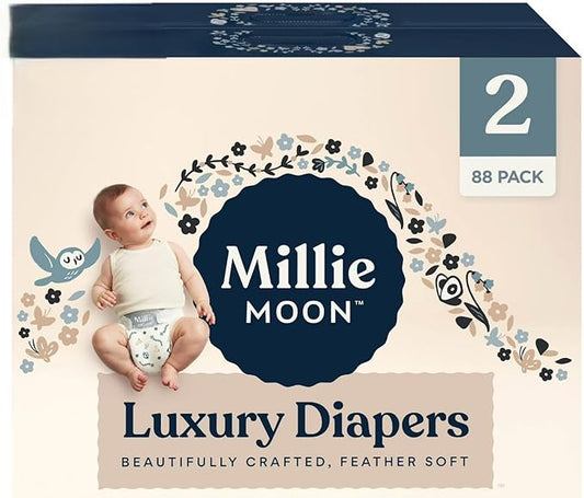 Millie Moon Luxury Disposable Baby Diapers Size 2 I 88 Count I, Ultra Soft Comfort, Absorbent Core for Day & Night Use, Wetness Indicator, Gentle Materials, Secure Fit