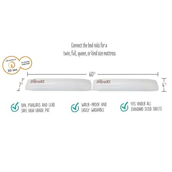 The Shrunks Convertible Inflatable Crib Bed Rail Bumper for Toddlers, Toddler Beds, Twin, Full, Queen, King Size Beds | Portable Bed Rail for Travel or Home | Bed Guard Rail for Kids | 2 Mini Rails