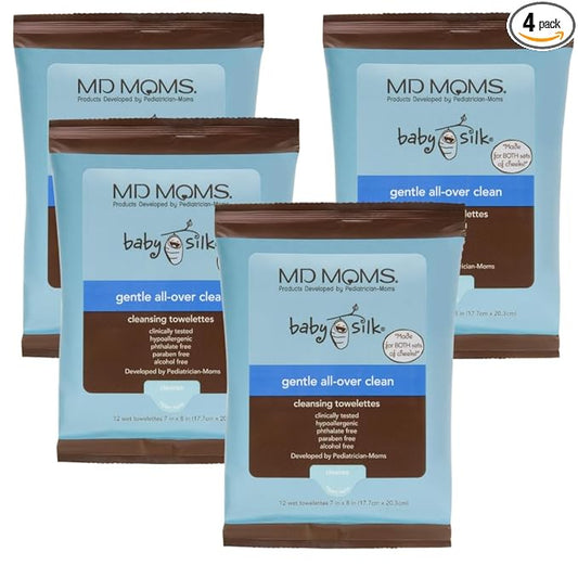 Baby Wipes by MD Moms (4 PACK of 12 ct Travel Pouch) – Sensitive Eczema Approved Hypoallergenic Cleansing Towelettes for Sensitive Skin- 48 Towels in All- Keep Clean Wipes for on the Go Travel Use