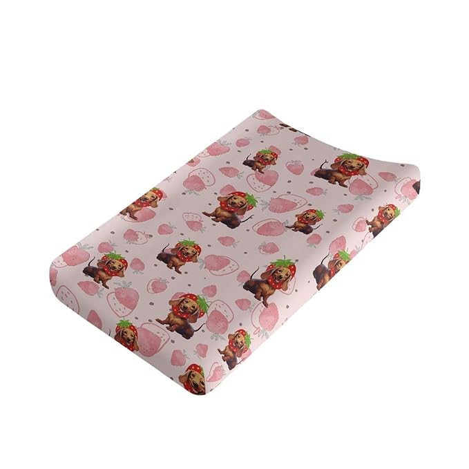 Strawberry Wiener Dog Baby Changing Pad Cover Ultra Soft Stretchy Diaper Changing Table Pad Cover for Girls Boys Breathable Nursery Changing Table Sheets Cover