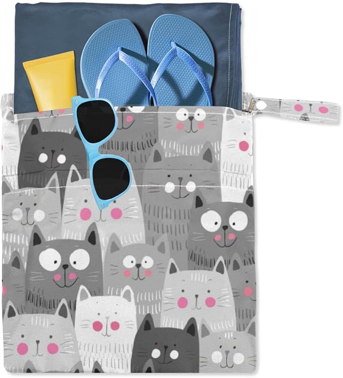Wet Dry Bags Grey Cats Waterproof Wet Bag Animal Kitten Reusable Bags for Swimsuits Cloth Diapers Beach Pool Gym Travel Baby Item 2 Pcs