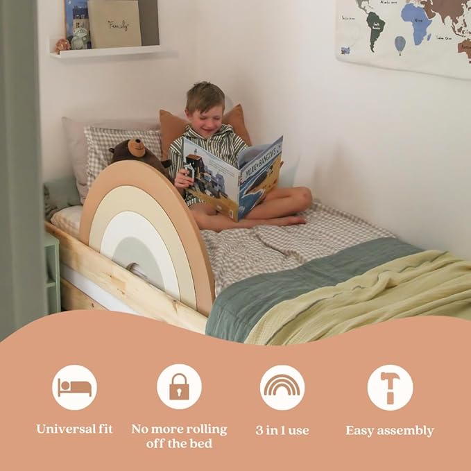 Premium 3-in-1 Toddler Bed Rail with Decorative Headboard and Wall Decor Functionality, High-End Bed Guard for Kids, Baby Bed Rail Guard, Twin Bed Rail for Toddlers - Neutral