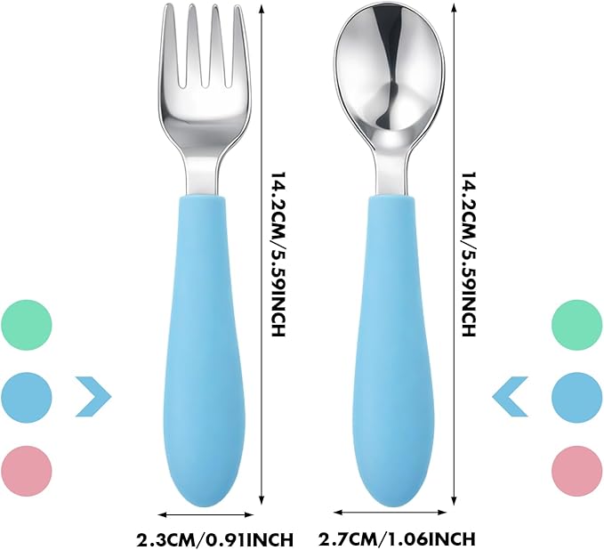 Pimoys 6 Pieces Toddler Utensils, Kids Forks and Spoons with Silicone Handle, Stainless Steel Toddler Silverware Set, Dishwasher Safe