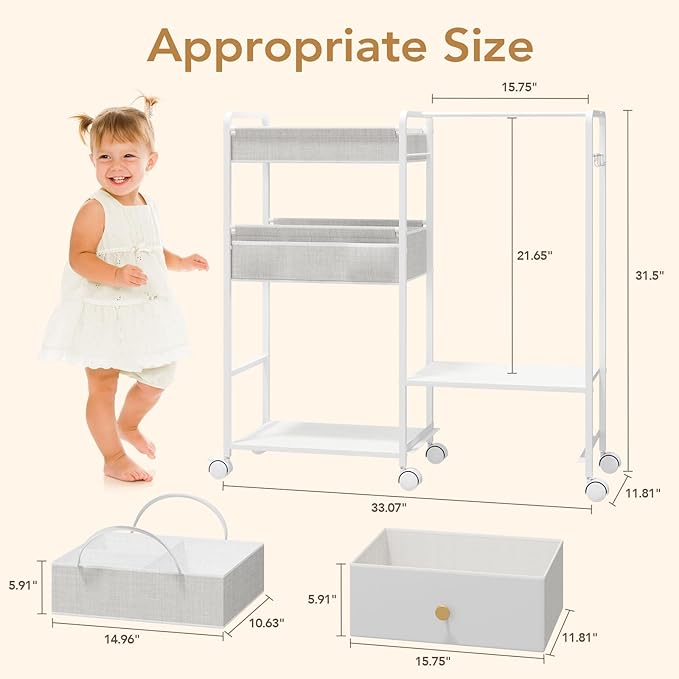 BBLIKE 3in1 Diaper Caddy Organizer - Diaper Caddy & Rolling Diaper Cart with Kids Clothing Rack for Nursery and Baby Essentials, Multi-Function Utility Cart for Bedroom and Bathroom, White