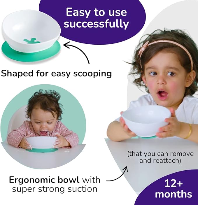 doddl 2-in-1 Baby & Toddler Suction Bowl with Removable Base, Converts to Non-Slip Self Feeding Dish, BPA & Toxin Free, Ergonomic High Back Oval Design, Dishwasher Safe, 6–48 Months (Fresh Green)