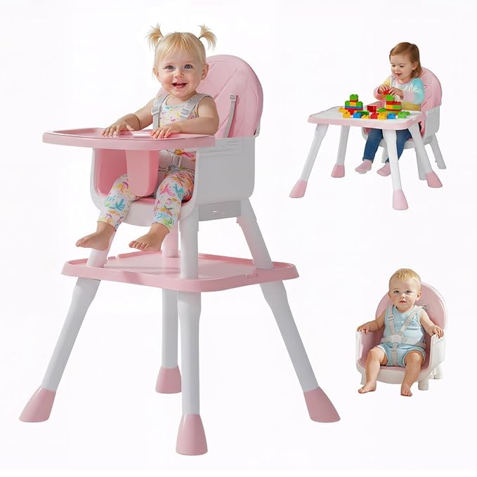 6-in-1 Convertible Baby Highchair, Booster Seat, Toddler Chair & Building Block Table, with Removable Tray, Easy Clean Cushion & 5-Point Harness (Pink)