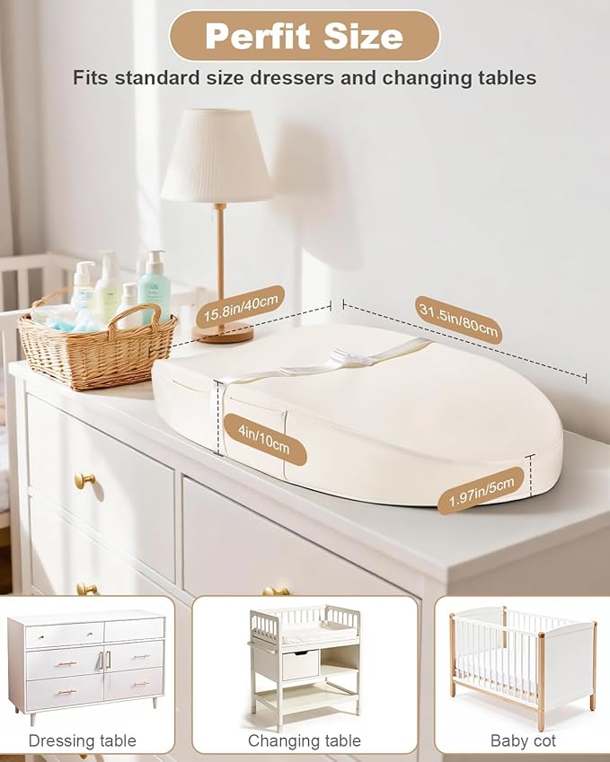 Baby Changing Pad with Waterproof & Wipeable PU Cover, Contoured Diaper Changing Pads for Dresser with Non-Slip Safety Belt, Portable Lightweight Changing Mat, Beige