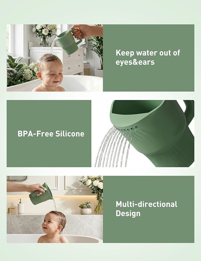 Roslim Silicone Baby Bath Rinse Cup - Shampoo & Body Washing Rinser for Kids & Toddlers, Lightweight Bath Cups for Rinsing Hair, Easy-Grip Handle, Ultra Soft Material (Olive Green)