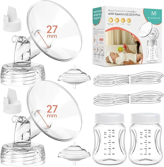Breast Pump Parts Compatible with Spectra S1,S2,S9 Plus, Replacement Kit for Spectra Pump Parts 2PCS, Duckbill Valve, Tube,Bottle, Backflow Protector, Not Original Accessorie,27mm