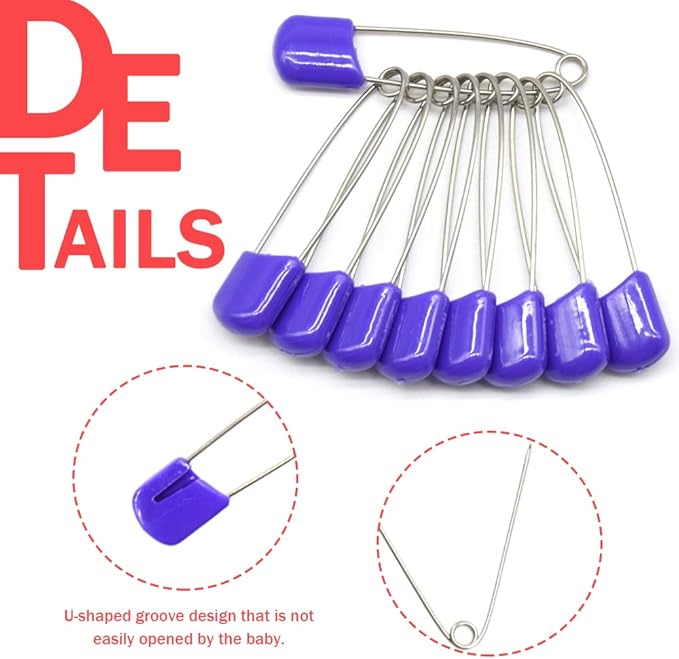50 PCS Safety Pin 54mm/2.2in Baby Diaper Pins for Cloth Plastic Head Baby Pins for Diapers Stainless Steel Cloth Pins with Locking Closures Nappy Pin for Crafts（DT/Purple）