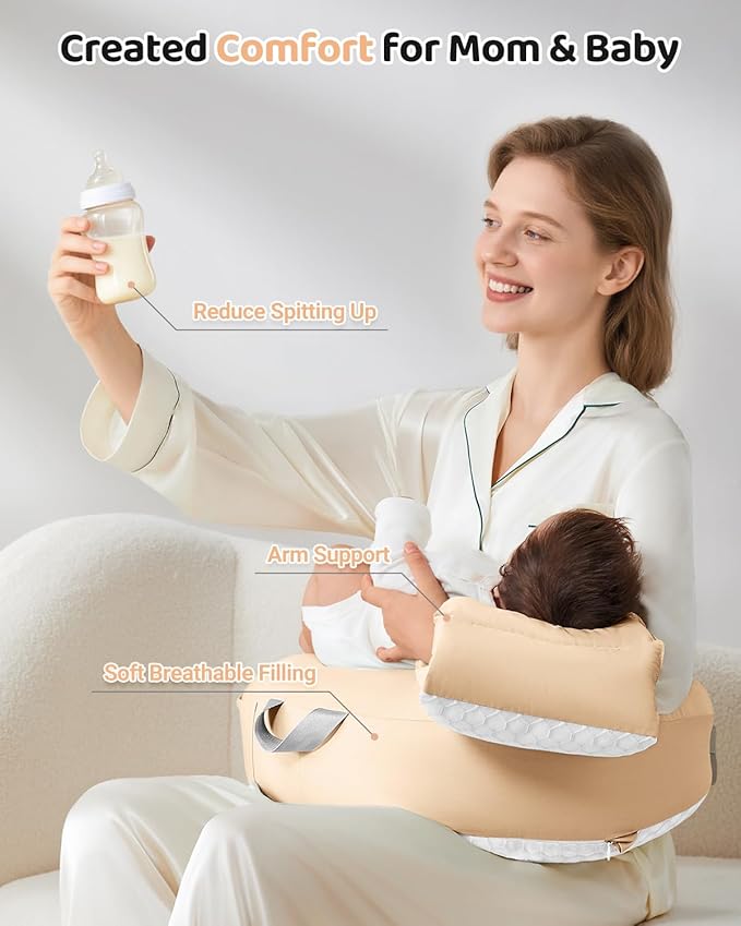 Nursing Pillow for Breastfeeding, 3-in-1 Detachable Baby Feeding Pillow with Removable Support Cushions, Gentle Elevation for Reducing Spit-Up & Gas, Breathable Washable Cover (Yellow)