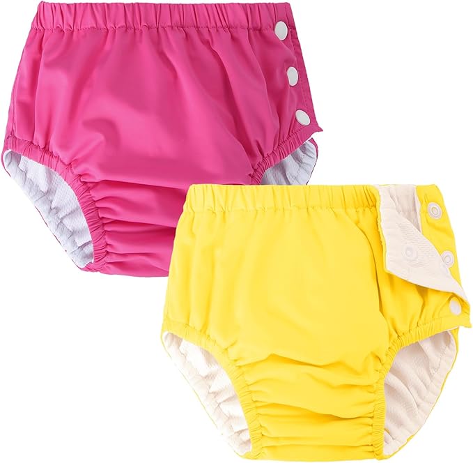 2 Pack Baby Newborn Reusable Swim Diapers Washable Toddler Unisex Swim Diaper Infant Swimming Diapers Yellow& Hot Pink, 2-3T