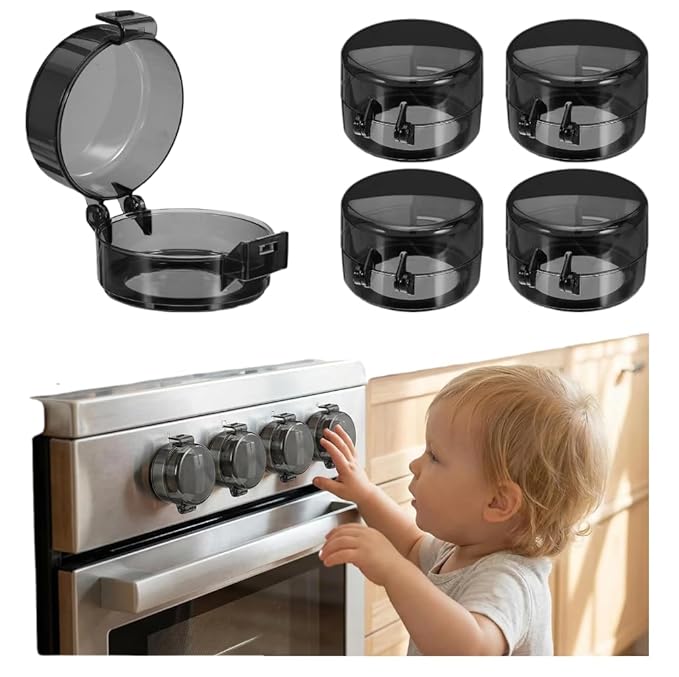Stove Knob Covers for Child Safety, Black Gas Range Protectors for Baby Proofing Heat Resistant Oven Guard Locks Fits Button Under 2.4" Diameter Secure Under-Knob Anchor Fit Plastic Heat Resistant 5Pc