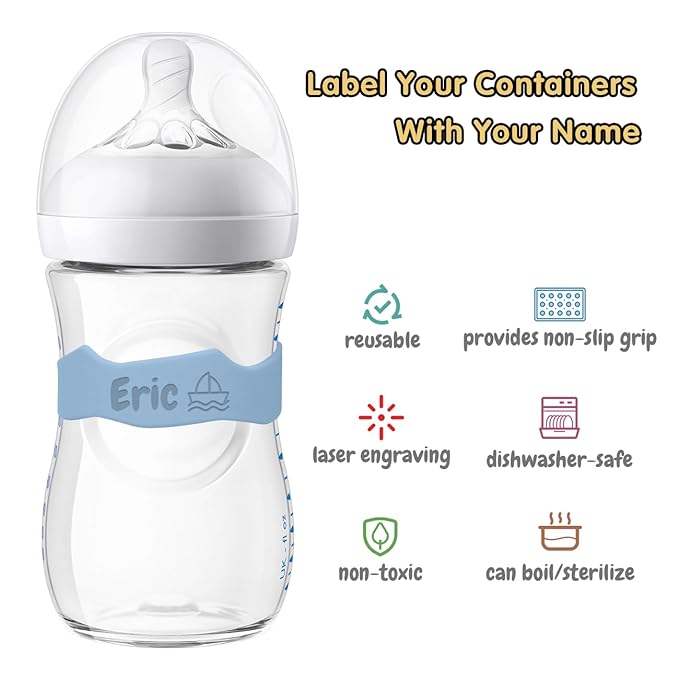 Baby Bottle Labels Personalized, Custom Silicone Water Bottle Name Bands for Daycare Reusable, Laser Engraving Bottle Name Tags, Waterproof Customized Kids Cups Grip Straps for School