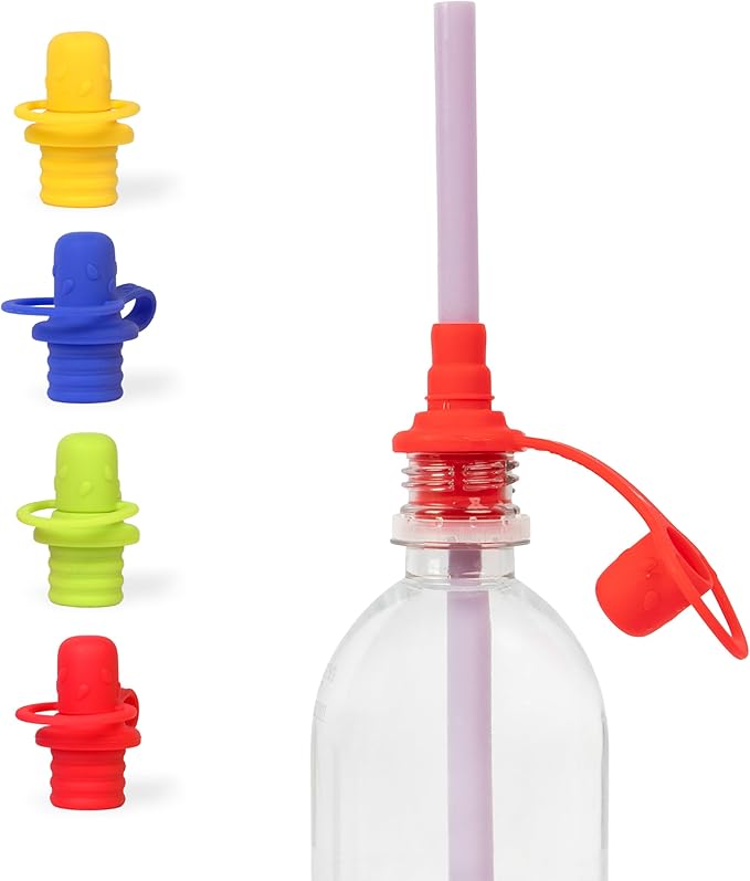 Spill-Proof Water Bottle Spout Adapter for Kids - Water Bottle Adapter Toddlers and Adults - BPA Free Water Bottle Tops - Compact Silicone Sippy Cup Lids - 4 Pack Red Blue Green Yellow