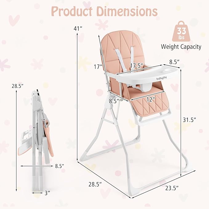 BABY JOY Foldable High Chair, Portable Highchairs for Babies and Toddlers with 3-Position Adjustable Tray & Footrest, Removable Seat Cushion, 5-Point Safety Harness, Space Saving Design (Pink)