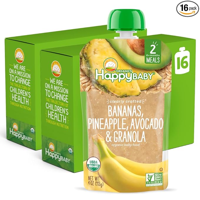 Happy Baby Organics Clearly Crafted Stage 2 Baby Food Bananas, Pineapples, Avocado & Granola, 4 Ounce Pouch (Pack of 16) (Packaging May Vary)