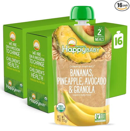 Happy Baby Organics Clearly Crafted Stage 2 Baby Food Bananas, Pineapples, Avocado & Granola, 4 Ounce Pouch (Pack of 16) (Packaging May Vary)