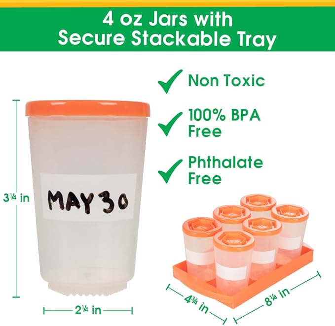 Baby Food Storage Containers w Interlocking Lids, 6 Pack- 4oz Reusable Leakproof Plastic Jars w Locking Tray- Freezer, Microwave & Dishwasher Safe- BPA/PVC Free, Compatible with Bullet Blender